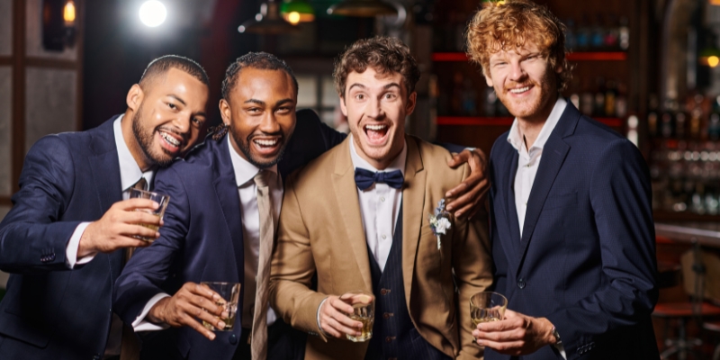 Four well-dressed men posing for a picture at a bar, celebrating at Mango’s Tropical Café for an Orlando bachelor party.