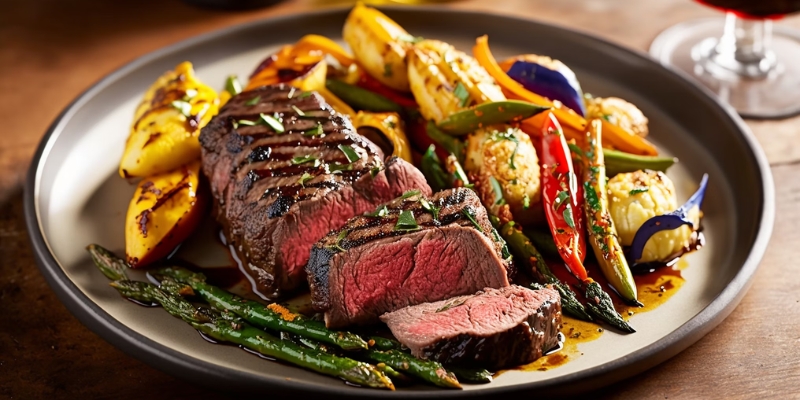 A gourmet meal of steak and vegetables on a plate, accompanied by wine, showcasing Orlando, Florida's culinary offerings.