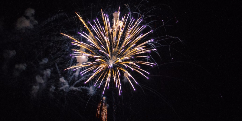 Vibrant fireworks burst in the night sky above Lake Eola Park, marking a festive July evening in Orlando.