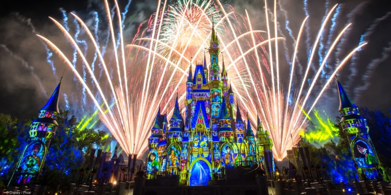 Vibrant fireworks burst over Cinderella Castle, celebrating the 4th of July at Walt Disney World’s Magic Kingdom in Orlando.