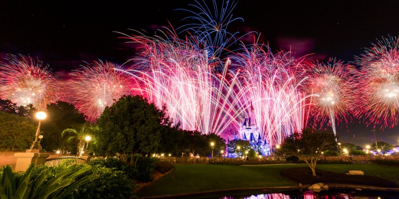 Spectacular fireworks light up the night sky over a castle, part of Orlando's 4th of July celebration.