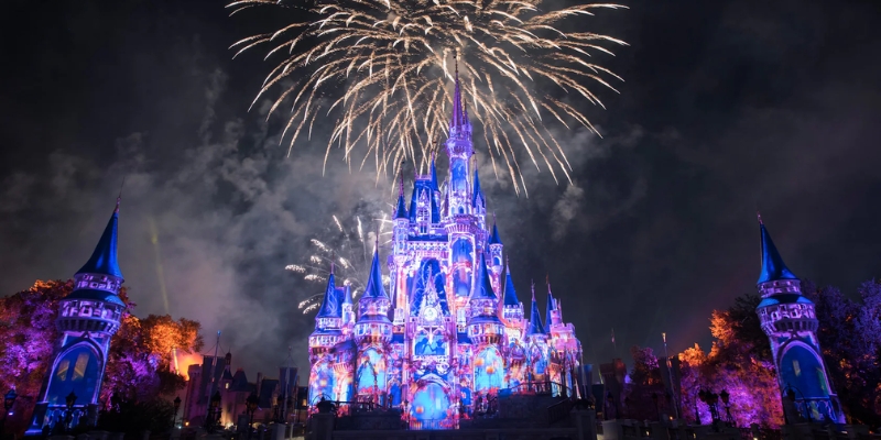 A spectacular fireworks show lights up the sky at Walt Disney World in Orlando, enhancing the festive holiday spirit.