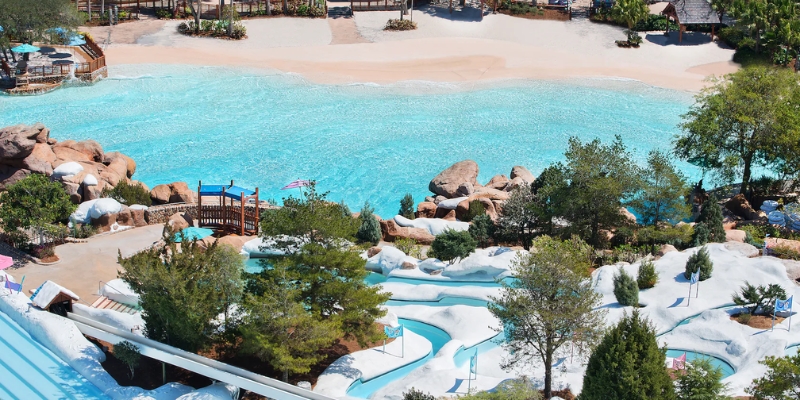 A view of the water park at Disney's Beach Club Resort, showcasing Melt-Away Bay at Blizzard Beach in Orlando.