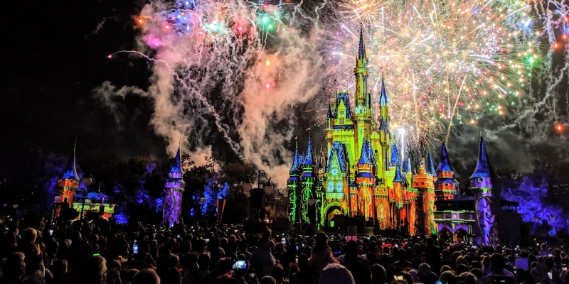 Vibrant fireworks light up the sky over Walt Disney World, marking the festive celebration of Independence Day.