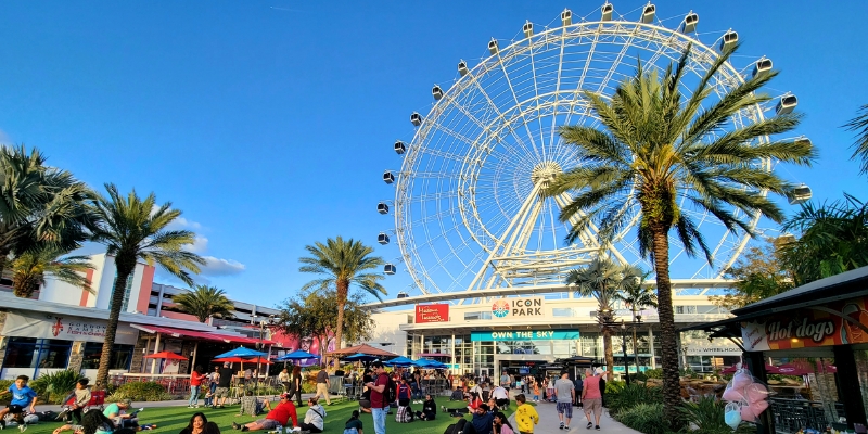 The ferris wheel towers over the park at ICON Park, a popular attraction near the Orlando Convention Center.