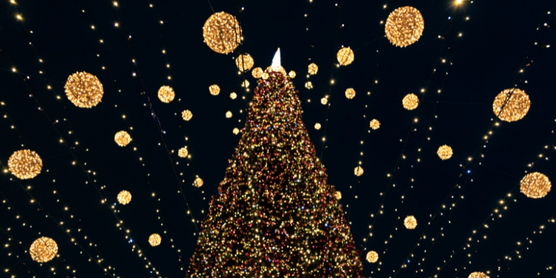 A decorated Christmas tree surrounded by colorful lights and ornaments at Lake Eola Wonderland in downtown Orlando.